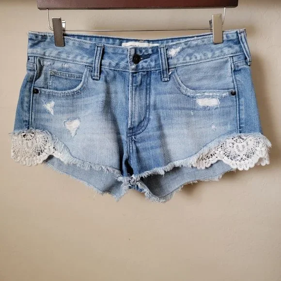 Abercrombie & Fitch Lace Crochet Distressed Cutoff Denim Jean Shorts - Picture 2 of 12